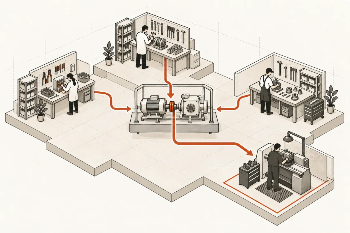 Three role-specific workbenches connect a shared training rig to a live operating station.