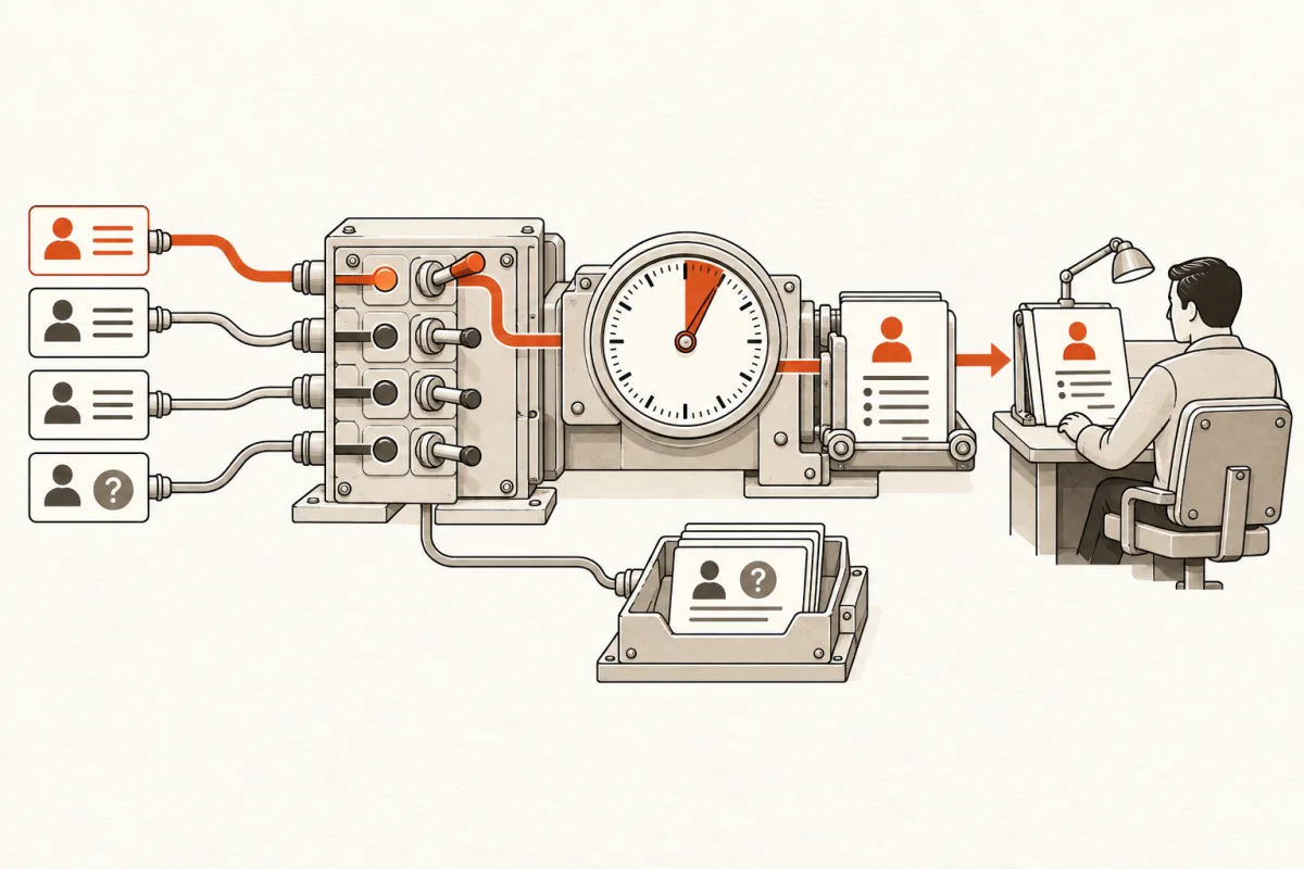 Incoming inquiries pass through a timed switchboard and reach a human responder, with uncertain leads held for review.