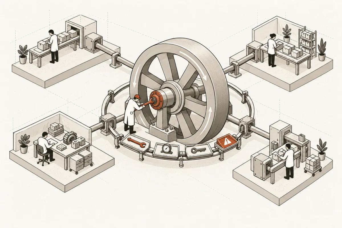 A working flywheel continues turning while maintenance tools inspect and service its operating modules.