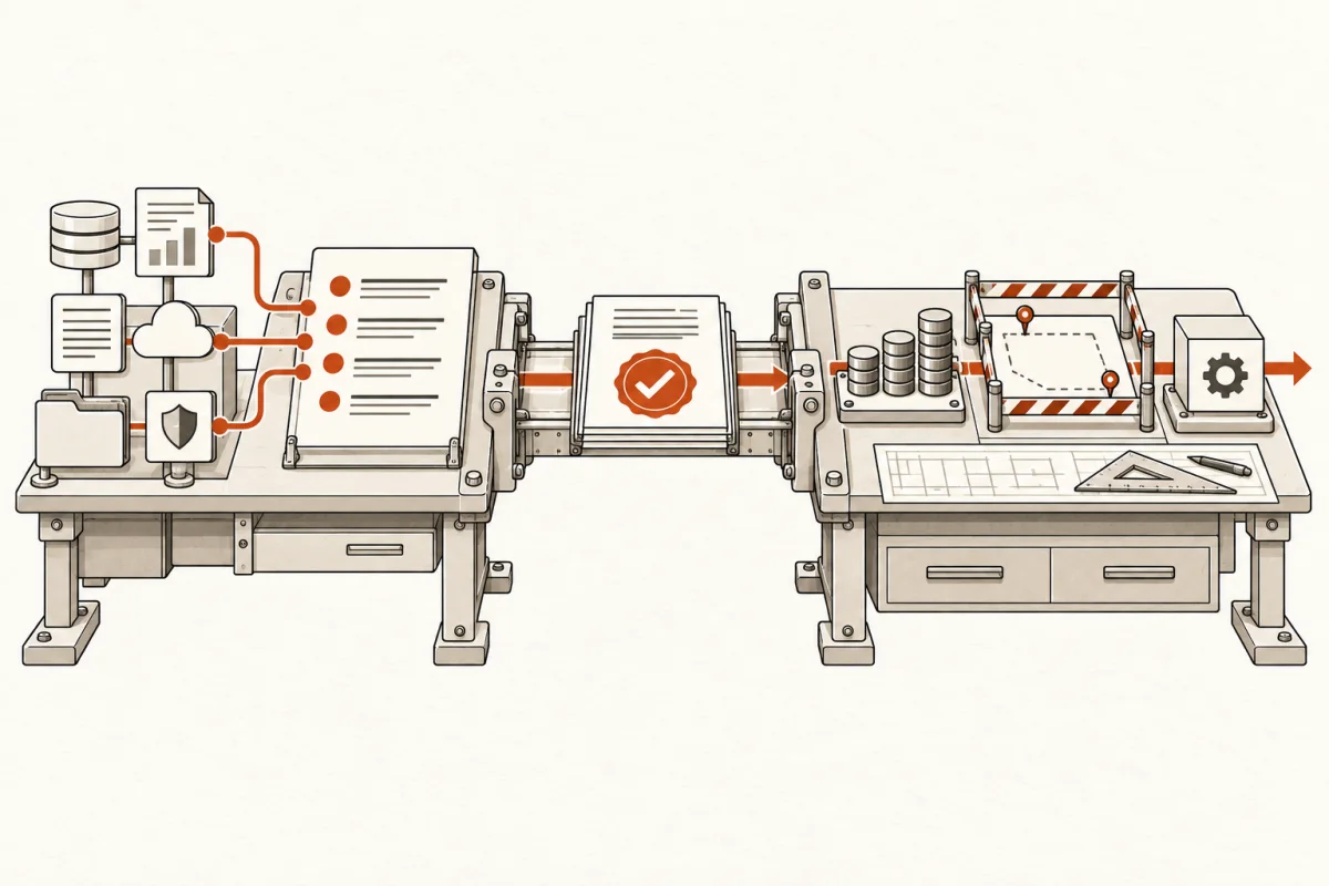 A traceable audit dossier crosses a handoff bridge from an evidence table to a builder’s estimating bench.