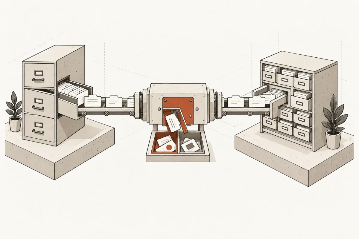 Two different record systems exchange clean information through a fitted adapter that catches mismatches.