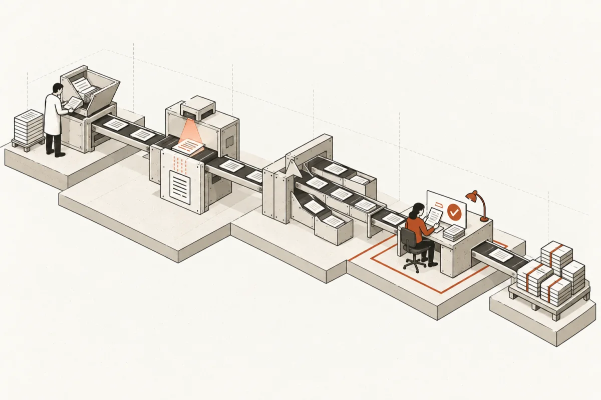 Documents move through preparation stations and pause at a human review gate before completion.