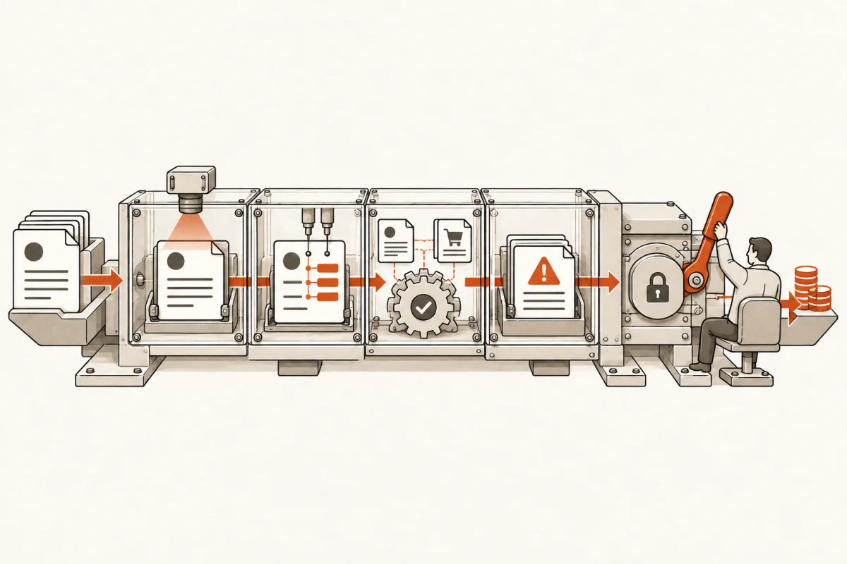 Invoices pass through capture, extraction, matching, exception review, and a human-approved payment gate.