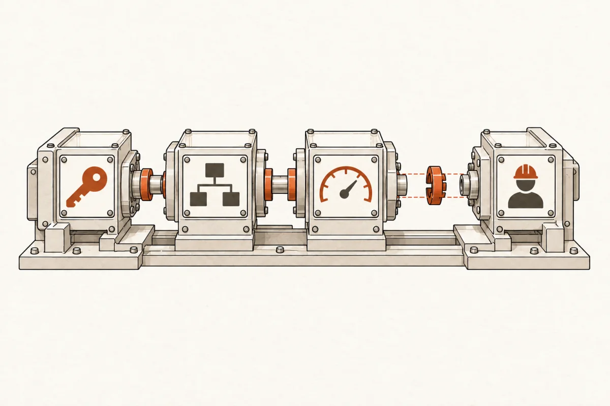 Four implementation modules wait to connect while one missing coupling blocks the finished operating system.