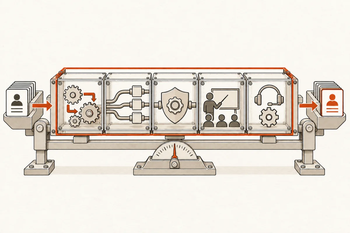 Workflow, integration, control, training, and support modules form a bounded implementation scope.