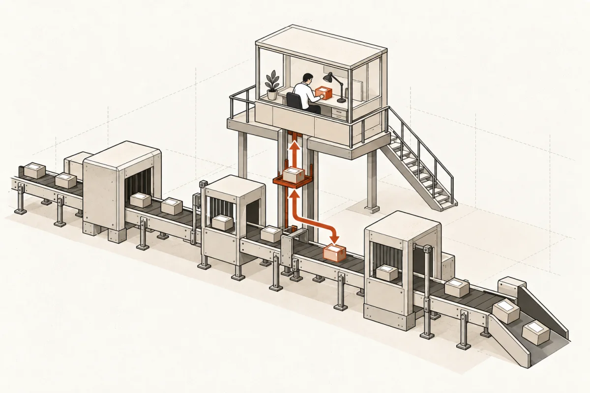 An uncertain work packet rises from an automated line to an elevated human review booth.