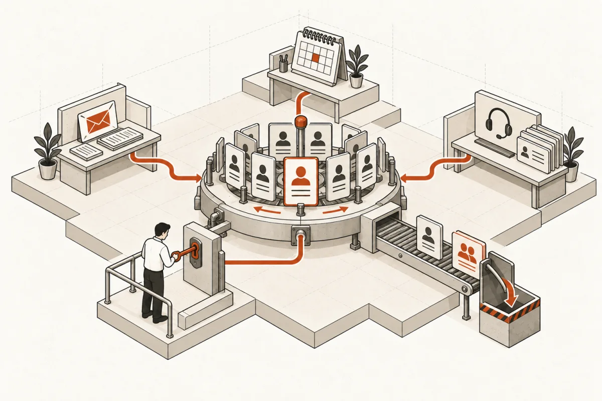 A customer-record carousel synchronizes approved information across email, calendar, and service systems.