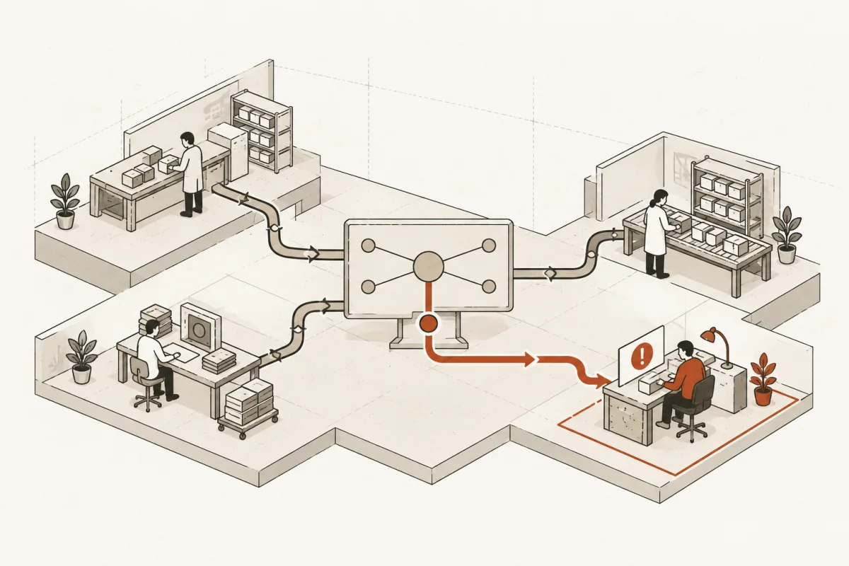Three operating stations route routine work through a coordination board while one exception reaches a human reviewer.