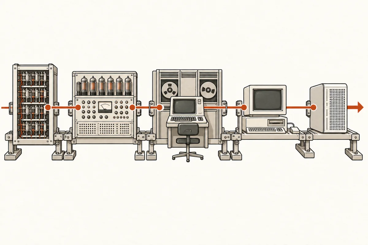 Five generations of computing machinery pass one continuous signal from early relays to a modern system.