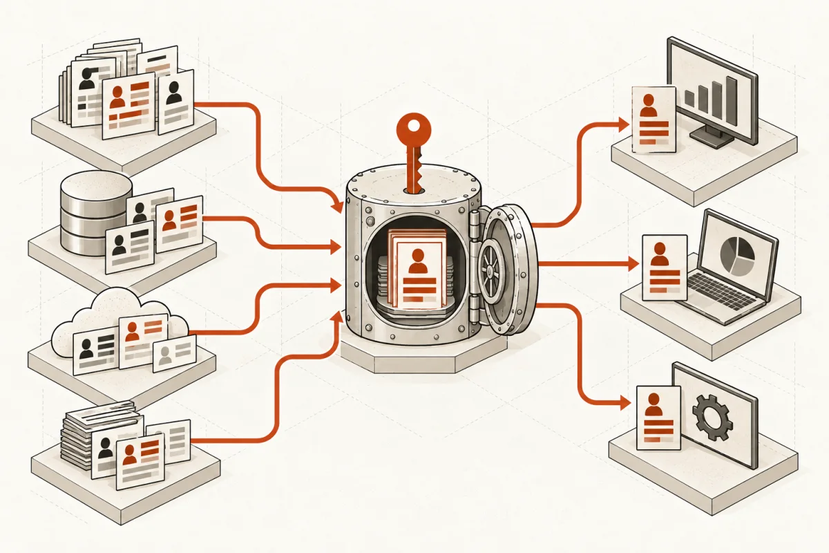 Several record streams reconcile inside one authoritative vault before clean copies reach business tools.
