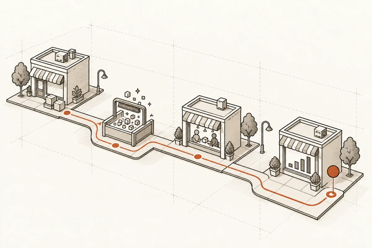 A route connects three Main Street businesses through preparation, human review, and measured results.