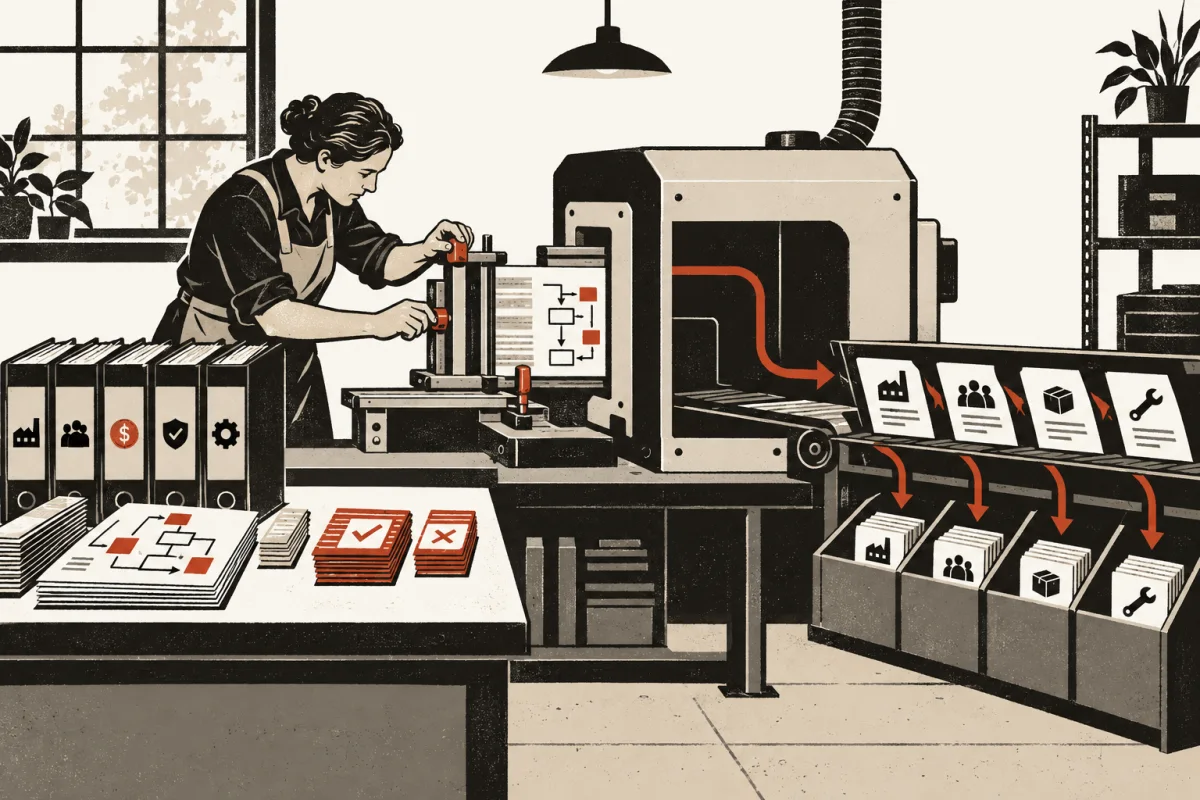 An experienced employee tunes a machine with business records, process maps, and correction cards.