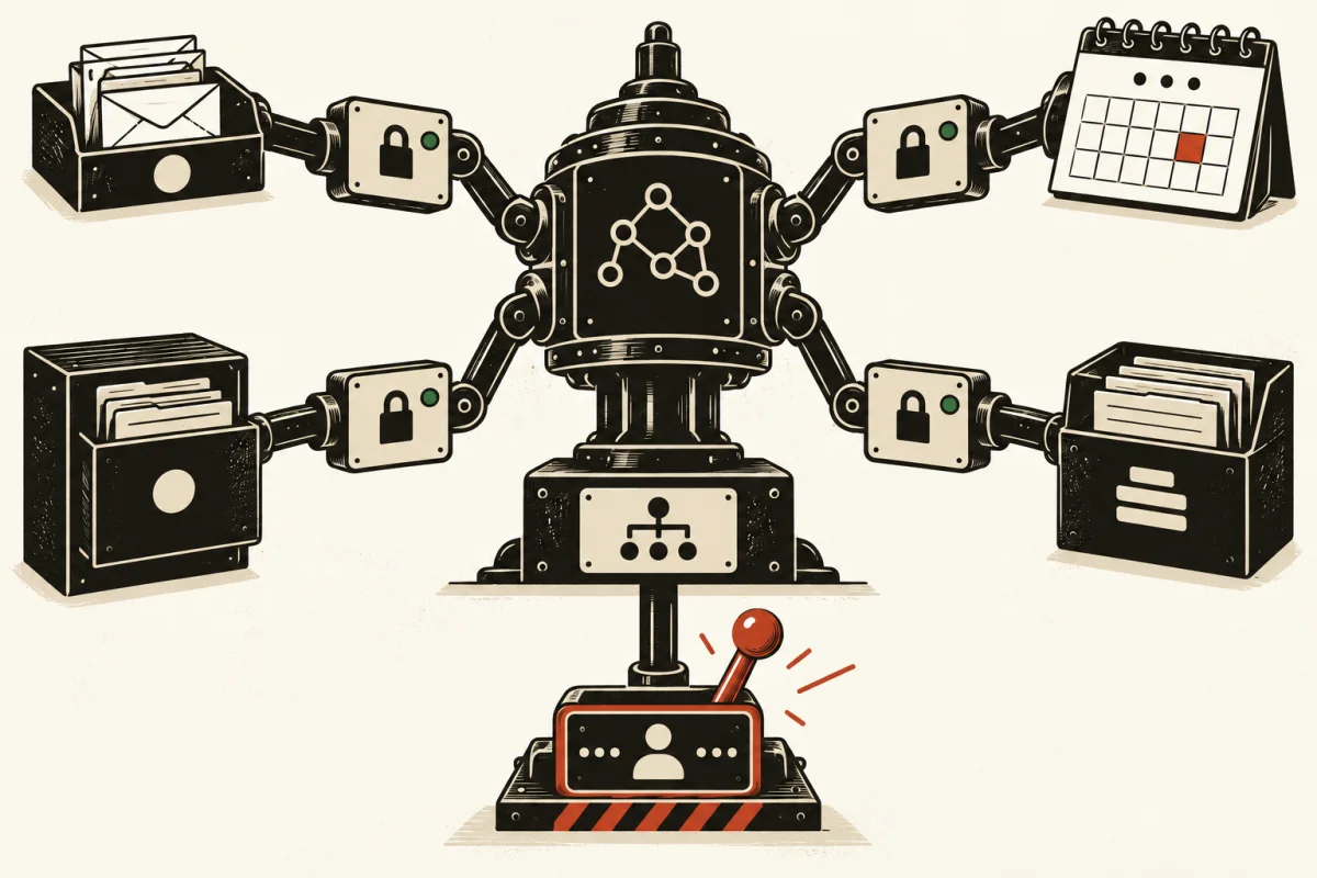 A central reasoning machine reaches business tools through permission gates and a human approval lever.