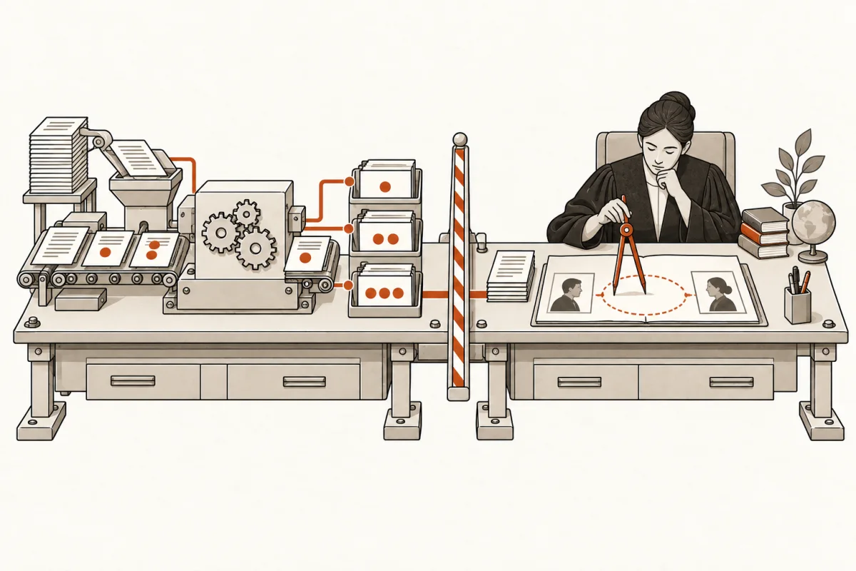 A machine sorts records while a person weighs context and responsibility beyond a clear decision boundary.