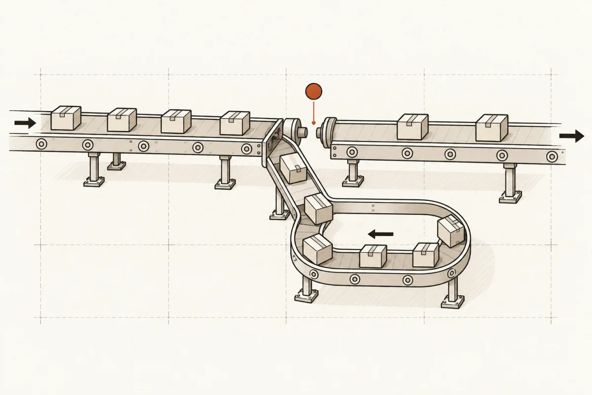 A broken conveyor junction diverts work packets into a repeating rework loop.