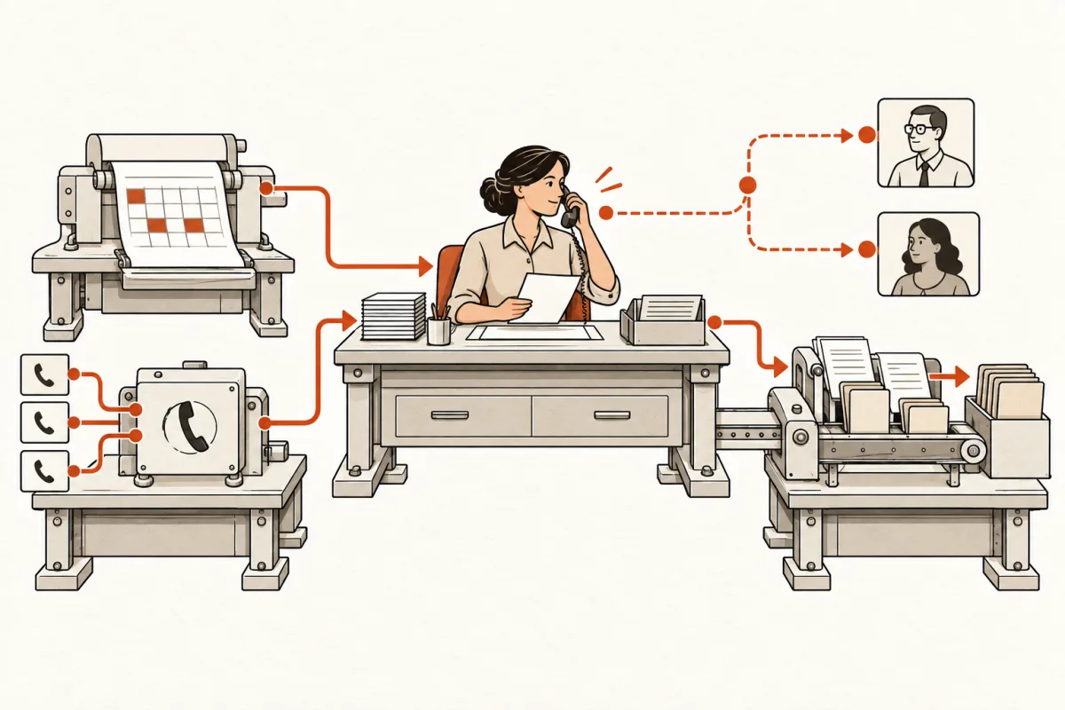 An office manager coordinates people and exceptions while connected tools prepare schedules, calls, and paperwork.